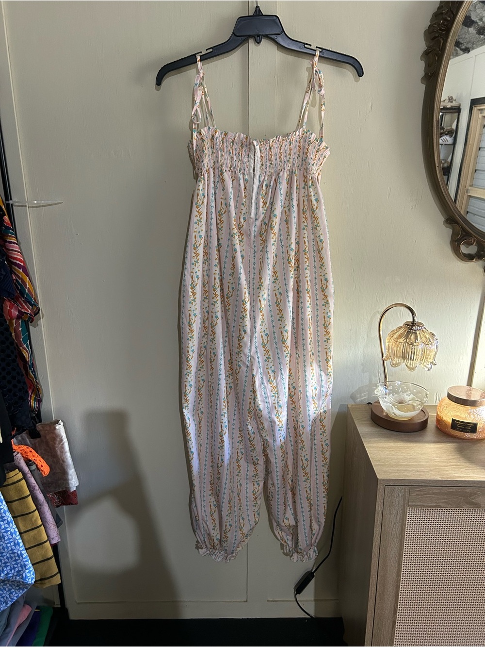 Floral Smocked Harem Jumpsuit Tie Straps Boho Cottagecore Medium - Picture 2 of 9